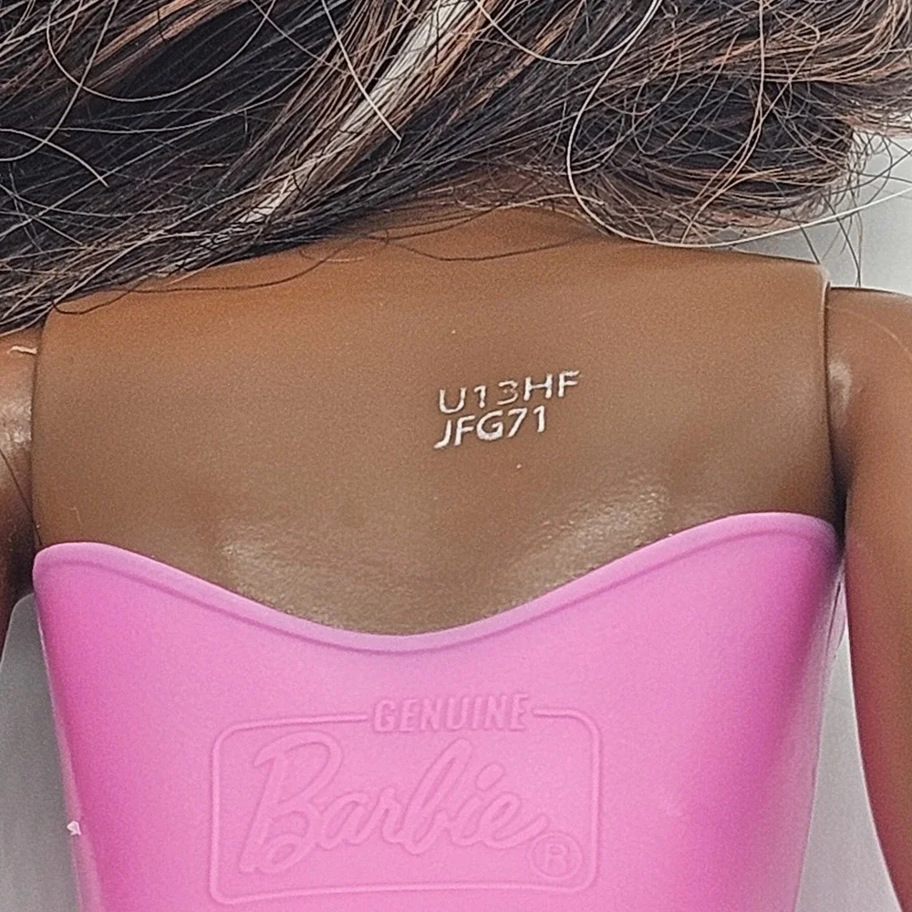 Barbie Doll Curvy Dark Skin Tone Brown Blonde Streaked Hair Pink Swimsuit